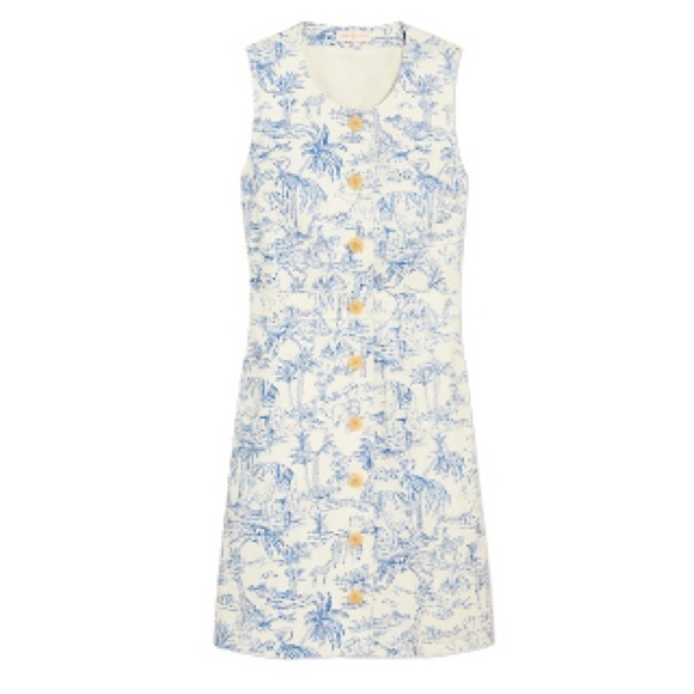 NWT Tory Burch Safari Printed Linen Shift Dress Ivory & Blue 10 - Picture 2 of 16